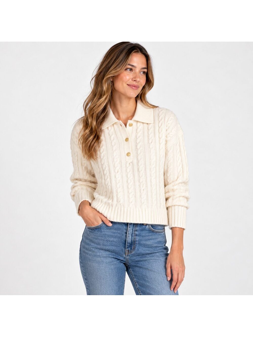 Abercrombie & Fitch Cable Knit Collared Sweater Cream Gold Buttons NWT S